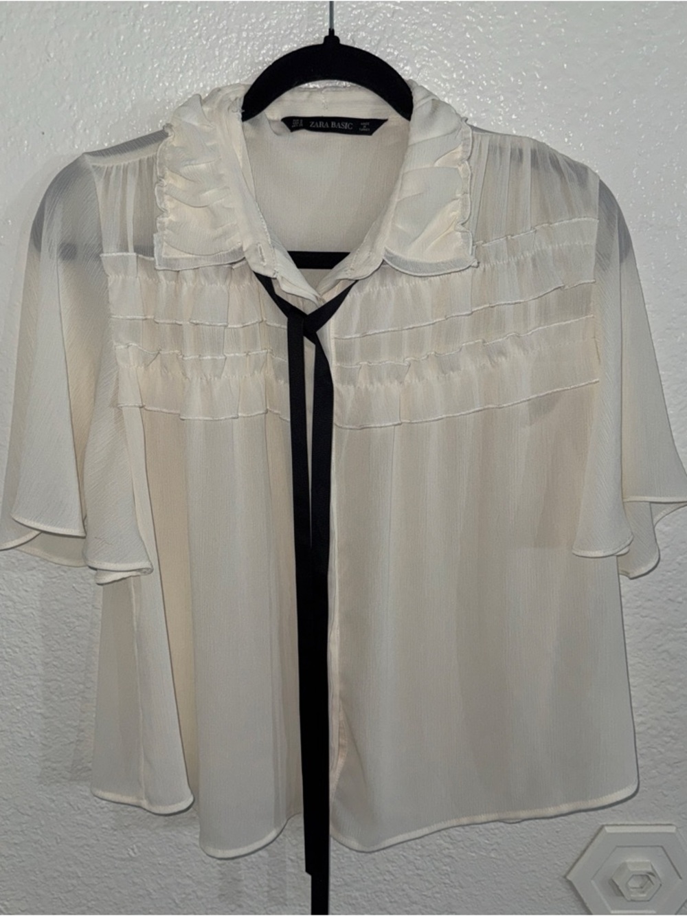 Zara Cream Ruffled Blouse with Black Tie